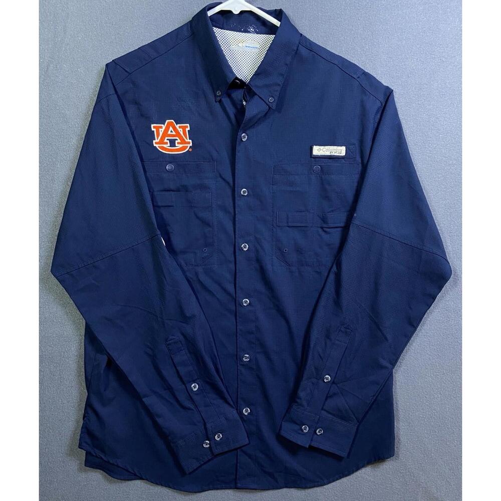 Auburn Tigers Shirt Mens Large Blue NCAA Football Columbia PFG Fishing Button Up